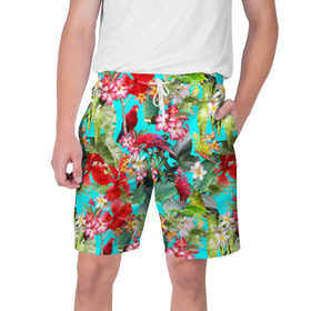 Мужские шорты 3D с принтом Тропический мир в Белгороде,  полиэстер 100% | прямой крой, два кармана без застежек по бокам. Мягкая трикотажная резинка на поясе, внутри которой широкие завязки. Длина чуть выше колен | паттерн | разноцветный | тропики | цветы | яркий