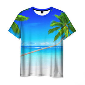 Мужская футболка 3D с принтом Лазурный берег в Белгороде, 100% полиэфир | прямой крой, круглый вырез горловины, длина до линии бедер | берег | лето | море | океан | отдых | пальма | песок