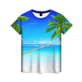 Женская футболка 3D с принтом Лазурный берег в Белгороде, 100% полиэфир ( синтетическое хлопкоподобное полотно) | прямой крой, круглый вырез горловины, длина до линии бедер | берег | лето | море | океан | отдых | пальма | песок