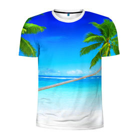Мужская футболка 3D спортивная с принтом Лазурный берег в Белгороде, 100% полиэстер с улучшенными характеристиками | приталенный силуэт, круглая горловина, широкие плечи, сужается к линии бедра | берег | лето | море | океан | отдых | пальма | песок