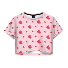 Женская футболка 3D укороченная с принтом Сочные арбузики в Белгороде, 100% полиэстер | круглая горловина, длина футболки до линии талии, рукава с отворотами | арбузы | арт | еда | лето | фрукты