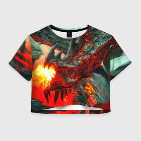 Женская футболка 3D укороченная с принтом Дракон в Белгороде, 100% полиэстер | круглая горловина, длина футболки до линии талии, рукава с отворотами | дракон | лава | огонь | пламя