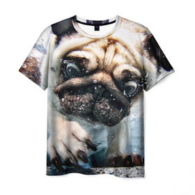 Мужская футболка 3D с принтом Мопс в Белгороде, 100% полиэфир | прямой крой, круглый вырез горловины, длина до линии бедер | animal | breed | bubbles | diving | dog | eyes bulging | pug | water | вода | выпученные | глаза | животное | мопс | ныряет | порода | пузыри | собака