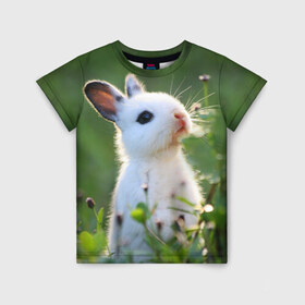 Детская футболка 3D с принтом Кролик в Белгороде, 100% гипоаллергенный полиэфир | прямой крой, круглый вырез горловины, длина до линии бедер, чуть спущенное плечо, ткань немного тянется | animal | baby | cute | flowers | fluffy | hare | lawn | little | meadow | rabbit | животное | заяц | кролик | луг | лужайка | маленький | малыш | милый | пушистый | цветы