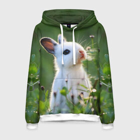 Мужская толстовка 3D с принтом Кролик в Белгороде, 100% полиэстер | двухслойный капюшон со шнурком для регулировки, мягкие манжеты на рукавах и по низу толстовки, спереди карман-кенгуру с мягким внутренним слоем. | Тематика изображения на принте: animal | baby | cute | flowers | fluffy | hare | lawn | little | meadow | rabbit | животное | заяц | кролик | луг | лужайка | маленький | малыш | милый | пушистый | цветы