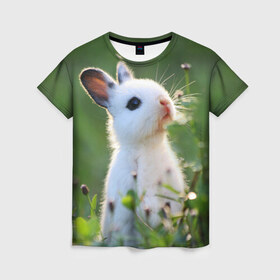 Женская футболка 3D с принтом Кролик в Белгороде, 100% полиэфир ( синтетическое хлопкоподобное полотно) | прямой крой, круглый вырез горловины, длина до линии бедер | animal | baby | cute | flowers | fluffy | hare | lawn | little | meadow | rabbit | животное | заяц | кролик | луг | лужайка | маленький | малыш | милый | пушистый | цветы