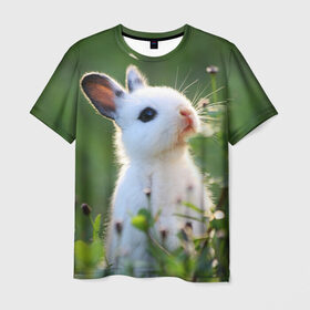 Мужская футболка 3D с принтом Кролик в Белгороде, 100% полиэфир | прямой крой, круглый вырез горловины, длина до линии бедер | animal | baby | cute | flowers | fluffy | hare | lawn | little | meadow | rabbit | животное | заяц | кролик | луг | лужайка | маленький | малыш | милый | пушистый | цветы