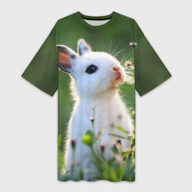 Платье-футболка 3D с принтом Кролик в Белгороде,  |  | animal | baby | cute | flowers | fluffy | hare | lawn | little | meadow | rabbit | животное | заяц | кролик | луг | лужайка | маленький | малыш | милый | пушистый | цветы