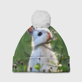 Шапка 3D c помпоном с принтом Кролик в Белгороде, 100% полиэстер | универсальный размер, печать по всей поверхности изделия | animal | baby | cute | flowers | fluffy | hare | lawn | little | meadow | rabbit | животное | заяц | кролик | луг | лужайка | маленький | малыш | милый | пушистый | цветы