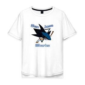 Мужская футболка хлопок Oversize с принтом San Jose Sharks hockey в Белгороде, 100% хлопок | свободный крой, круглый ворот, “спинка” длиннее передней части | Тематика изображения на принте: nhl | san jose sharks | спорт | хоккей