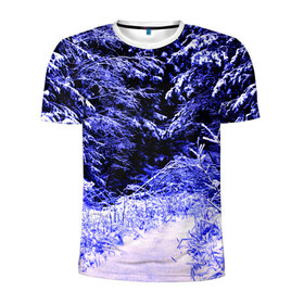 Мужская футболка 3D спортивная с принтом Лес в Белгороде, 100% полиэстер с улучшенными характеристиками | приталенный силуэт, круглая горловина, широкие плечи, сужается к линии бедра | ёлка | ель | зима | природа | снег | снежный | фиолетовый