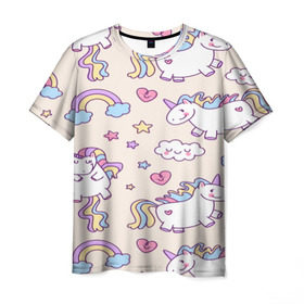 Мужская футболка 3D с принтом Радужные Единорожки в Белгороде, 100% полиэфир | прямой крой, круглый вырез горловины, длина до линии бедер | Тематика изображения на принте: unicorn | белый | единорог | лошадь | облако | радуга | розовый | сердце | улыбка | фиолетовый | цвет