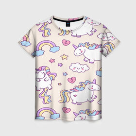 Женская футболка 3D с принтом Радужные Единорожки в Белгороде, 100% полиэфир ( синтетическое хлопкоподобное полотно) | прямой крой, круглый вырез горловины, длина до линии бедер | unicorn | белый | единорог | лошадь | облако | радуга | розовый | сердце | улыбка | фиолетовый | цвет