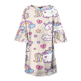 Детское платье 3D с принтом Радужные Единорожки в Белгороде, 100% полиэстер | прямой силуэт, чуть расширенный к низу. Круглая горловина, на рукавах — воланы | unicorn | белый | единорог | лошадь | облако | радуга | розовый | сердце | улыбка | фиолетовый | цвет