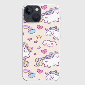 Чехол для iPhone 13 mini с принтом Радужные Единорожки в Белгороде,  |  | unicorn | белый | единорог | лошадь | облако | радуга | розовый | сердце | улыбка | фиолетовый | цвет