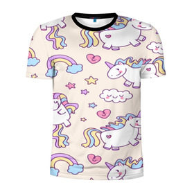 Мужская футболка 3D спортивная с принтом Радужные Единорожки в Белгороде, 100% полиэстер с улучшенными характеристиками | приталенный силуэт, круглая горловина, широкие плечи, сужается к линии бедра | unicorn | белый | единорог | лошадь | облако | радуга | розовый | сердце | улыбка | фиолетовый | цвет