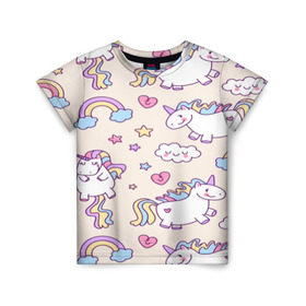 Детская футболка 3D с принтом Радужные Единорожки в Белгороде, 100% гипоаллергенный полиэфир | прямой крой, круглый вырез горловины, длина до линии бедер, чуть спущенное плечо, ткань немного тянется | unicorn | белый | единорог | лошадь | облако | радуга | розовый | сердце | улыбка | фиолетовый | цвет