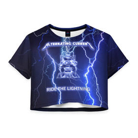 Женская футболка 3D укороченная с принтом Metallica - Ride the Lightning в Белгороде, 100% полиэстер | круглая горловина, длина футболки до линии талии, рукава с отворотами | album | metal | metallica | ride the lightning | rock | альбом | метал | металлика | молния | рок