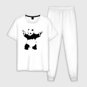 Мужская пижама хлопок с принтом Panda & Guns в Белгороде, 100% хлопок | брюки и футболка прямого кроя, без карманов, на брюках мягкая резинка на поясе и по низу штанин
 | panda | крутой | оружие | панда | пистолет | револьвер | рисунок