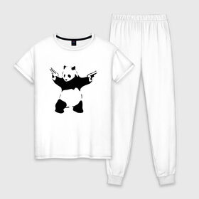 Женская пижама хлопок с принтом Panda & Guns в Белгороде, 100% хлопок | брюки и футболка прямого кроя, без карманов, на брюках мягкая резинка на поясе и по низу штанин | panda | крутой | оружие | панда | пистолет | револьвер | рисунок