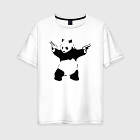 Женская футболка хлопок Oversize с принтом Panda & Guns в Белгороде, 100% хлопок | свободный крой, круглый ворот, спущенный рукав, длина до линии бедер
 | panda | крутой | оружие | панда | пистолет | револьвер | рисунок