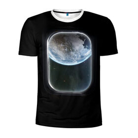 Мужская футболка 3D спортивная с принтом Земля в иллюминаторе в Белгороде, 100% полиэстер с улучшенными характеристиками | приталенный силуэт, круглая горловина, широкие плечи, сужается к линии бедра | земля | космический корабль | космос | планета