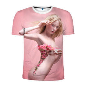 Мужская футболка 3D спортивная с принтом Сюрреализм в Белгороде, 100% полиэстер с улучшенными характеристиками | приталенный силуэт, круглая горловина, широкие плечи, сужается к линии бедра | Тематика изображения на принте: blonde | flowers | girl | lace | naked | nude | photo | surrealism | блондинка | девушка | сюрреализм | фото | цветы | шнуровка