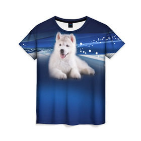 Женская футболка 3D с принтом Щенок хаски в Белгороде, 100% полиэфир ( синтетическое хлопкоподобное полотно) | прямой крой, круглый вырез горловины, длина до линии бедер | кутёнок | прикольные картинки | собака | хаска | щенок
