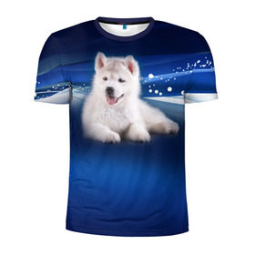 Мужская футболка 3D спортивная с принтом Щенок хаски в Белгороде, 100% полиэстер с улучшенными характеристиками | приталенный силуэт, круглая горловина, широкие плечи, сужается к линии бедра | кутёнок | прикольные картинки | собака | хаска | щенок