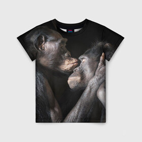 Детская футболка 3D с принтом Шимпанзе в Белгороде, 100% гипоаллергенный полиэфир | прямой крой, круглый вырез горловины, длина до линии бедер, чуть спущенное плечо, ткань немного тянется | Тематика изображения на принте: chimps | family | feelings | kiss | monkeys | primates | любовь | обезьяны | поцелуй | приматы | семья | чувства | шимпанзе
