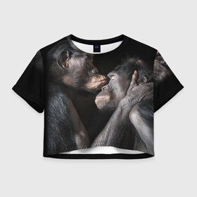 Женская футболка 3D укороченная с принтом Шимпанзе в Белгороде, 100% полиэстер | круглая горловина, длина футболки до линии талии, рукава с отворотами | chimps | family | feelings | kiss | monkeys | primates | любовь | обезьяны | поцелуй | приматы | семья | чувства | шимпанзе