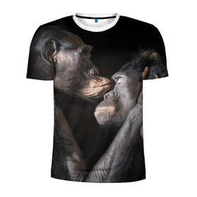 Мужская футболка 3D спортивная с принтом Шимпанзе в Белгороде, 100% полиэстер с улучшенными характеристиками | приталенный силуэт, круглая горловина, широкие плечи, сужается к линии бедра | chimps | family | feelings | kiss | monkeys | primates | любовь | обезьяны | поцелуй | приматы | семья | чувства | шимпанзе