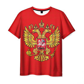 Мужская футболка 3D с принтом Герб России в Белгороде, 100% полиэфир | прямой крой, круглый вырез горловины, длина до линии бедер | вышивка | герб россии | двуглавый орел | держава | красный | москва | скипетр | фон