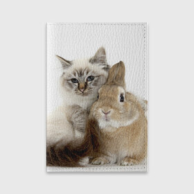 Обложка для паспорта матовая кожа с принтом Кот и кролик в Белгороде, натуральная матовая кожа | размер 19,3 х 13,7 см; прозрачные пластиковые крепления | cat | cute | fluffy | friends | friendship | hug | kitty | rabbit | toddlers | дружба | друзья | кот | котенок | кролик | любовь | малыши | милые | обнимаются | пушистые