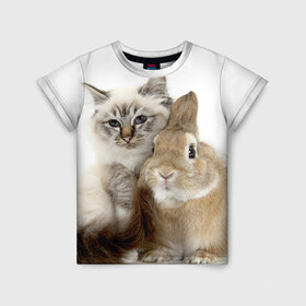 Детская футболка 3D с принтом Кот и кролик в Белгороде, 100% гипоаллергенный полиэфир | прямой крой, круглый вырез горловины, длина до линии бедер, чуть спущенное плечо, ткань немного тянется | cat | cute | fluffy | friends | friendship | hug | kitty | rabbit | toddlers | дружба | друзья | кот | котенок | кролик | любовь | малыши | милые | обнимаются | пушистые