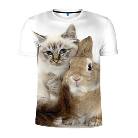 Мужская футболка 3D спортивная с принтом Кот и кролик в Белгороде, 100% полиэстер с улучшенными характеристиками | приталенный силуэт, круглая горловина, широкие плечи, сужается к линии бедра | cat | cute | fluffy | friends | friendship | hug | kitty | rabbit | toddlers | дружба | друзья | кот | котенок | кролик | любовь | малыши | милые | обнимаются | пушистые