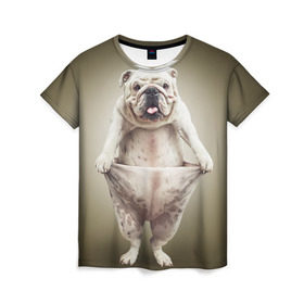 Женская футболка 3D с принтом Бульдог английский в Белгороде, 100% полиэфир ( синтетическое хлопкоподобное полотно) | прямой крой, круглый вырез горловины, длина до линии бедер | Тематика изображения на принте: animals | breed | dog | english bulldog | funny | joke | pants | surrealism | бульдог английский | животное | порода | прикол | собака | сюрреализм | шутка
