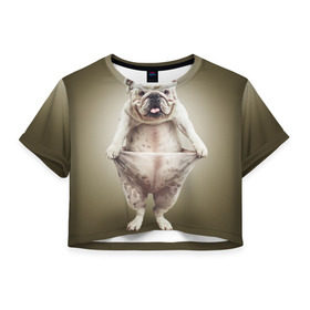 Женская футболка 3D укороченная с принтом Бульдог английский в Белгороде, 100% полиэстер | круглая горловина, длина футболки до линии талии, рукава с отворотами | animals | breed | dog | english bulldog | funny | joke | pants | surrealism | бульдог английский | животное | порода | прикол | собака | сюрреализм | шутка