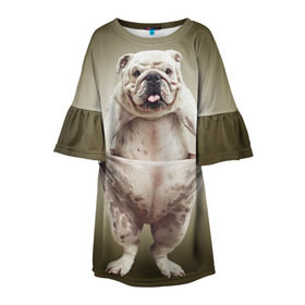 Детское платье 3D с принтом Бульдог английский в Белгороде, 100% полиэстер | прямой силуэт, чуть расширенный к низу. Круглая горловина, на рукавах — воланы | animals | breed | dog | english bulldog | funny | joke | pants | surrealism | бульдог английский | животное | порода | прикол | собака | сюрреализм | шутка