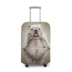 Чехол для чемодана 3D с принтом Бульдог английский в Белгороде, 86% полиэфир, 14% спандекс | двустороннее нанесение принта, прорези для ручек и колес | animals | breed | dog | english bulldog | funny | joke | pants | surrealism | бульдог английский | животное | порода | прикол | собака | сюрреализм | шутка