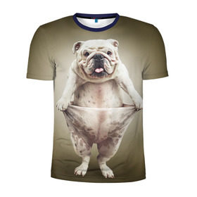 Мужская футболка 3D спортивная с принтом Бульдог английский в Белгороде, 100% полиэстер с улучшенными характеристиками | приталенный силуэт, круглая горловина, широкие плечи, сужается к линии бедра | Тематика изображения на принте: animals | breed | dog | english bulldog | funny | joke | pants | surrealism | бульдог английский | животное | порода | прикол | собака | сюрреализм | шутка