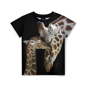 Детская футболка 3D с принтом Жирафы в Белгороде, 100% гипоаллергенный полиэфир | прямой крой, круглый вырез горловины, длина до линии бедер, чуть спущенное плечо, ткань немного тянется | Тематика изображения на принте: africa | animals | baby | child | family | giraffes | head | mother | африка | головы | животные | жирафы | любовь | малыш | мама | ребенок | семья