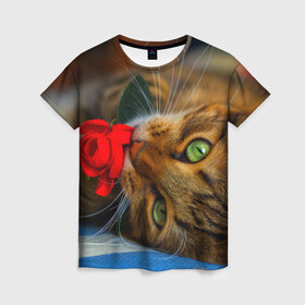 Женская футболка 3D с принтом Кошечка в Белгороде, 100% полиэфир ( синтетическое хлопкоподобное полотно) | прямой крой, круглый вырез горловины, длина до линии бедер | животные | кот | кошка | милая