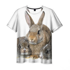 Мужская футболка 3D с принтом Кролики в Белгороде, 100% полиэфир | прямой крой, круглый вырез горловины, длина до линии бедер | animals | bunnies | cute | eared | family | fluffy | kids | mom | rabbits | животные | зайцы | кролики | малыши | мама | милые | пушистые | семья | ушастые
