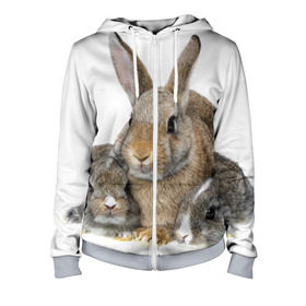 Женская толстовка 3D на молнии с принтом Кролики в Белгороде, 100% полиэстер | длина до линии бедра, манжеты и пояс оформлены мягкой тканевой резинкой, двухслойный капюшон со шнурком для регулировки, спереди молния, по бокам два кармана | animals | bunnies | cute | eared | family | fluffy | kids | mom | rabbits | животные | зайцы | кролики | малыши | мама | милые | пушистые | семья | ушастые