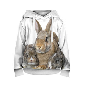Детская толстовка 3D с принтом Кролики в Белгороде, 100% полиэстер | двухслойный капюшон со шнурком для регулировки, мягкие манжеты на рукавах и по низу толстовки, спереди карман-кенгуру с мягким внутренним слоем | Тематика изображения на принте: animals | bunnies | cute | eared | family | fluffy | kids | mom | rabbits | животные | зайцы | кролики | малыши | мама | милые | пушистые | семья | ушастые