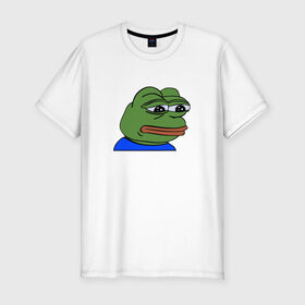 Мужская футболка премиум с принтом sad frog в Белгороде, 92% хлопок, 8% лайкра | приталенный силуэт, круглый вырез ворота, длина до линии бедра, короткий рукав | pepe | грустная | мемы | пепе