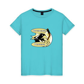 Женская футболка хлопок с принтом Pittsburgh Penguins team в Белгороде, 100% хлопок | прямой крой, круглый вырез горловины, длина до линии бедер, слегка спущенное плечо | спорт | хоккей