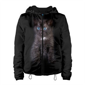 Женская куртка 3D с принтом Чёрный котёнок в Белгороде, ткань верха — 100% полиэстер, подклад — флис | прямой крой, подол и капюшон оформлены резинкой с фиксаторами, два кармана без застежек по бокам, один большой потайной карман на груди. Карман на груди застегивается на липучку | киска | кот | кошка