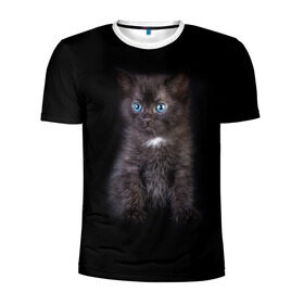 Мужская футболка 3D спортивная с принтом Чёрный котёнок в Белгороде, 100% полиэстер с улучшенными характеристиками | приталенный силуэт, круглая горловина, широкие плечи, сужается к линии бедра | киска | кот | кошка